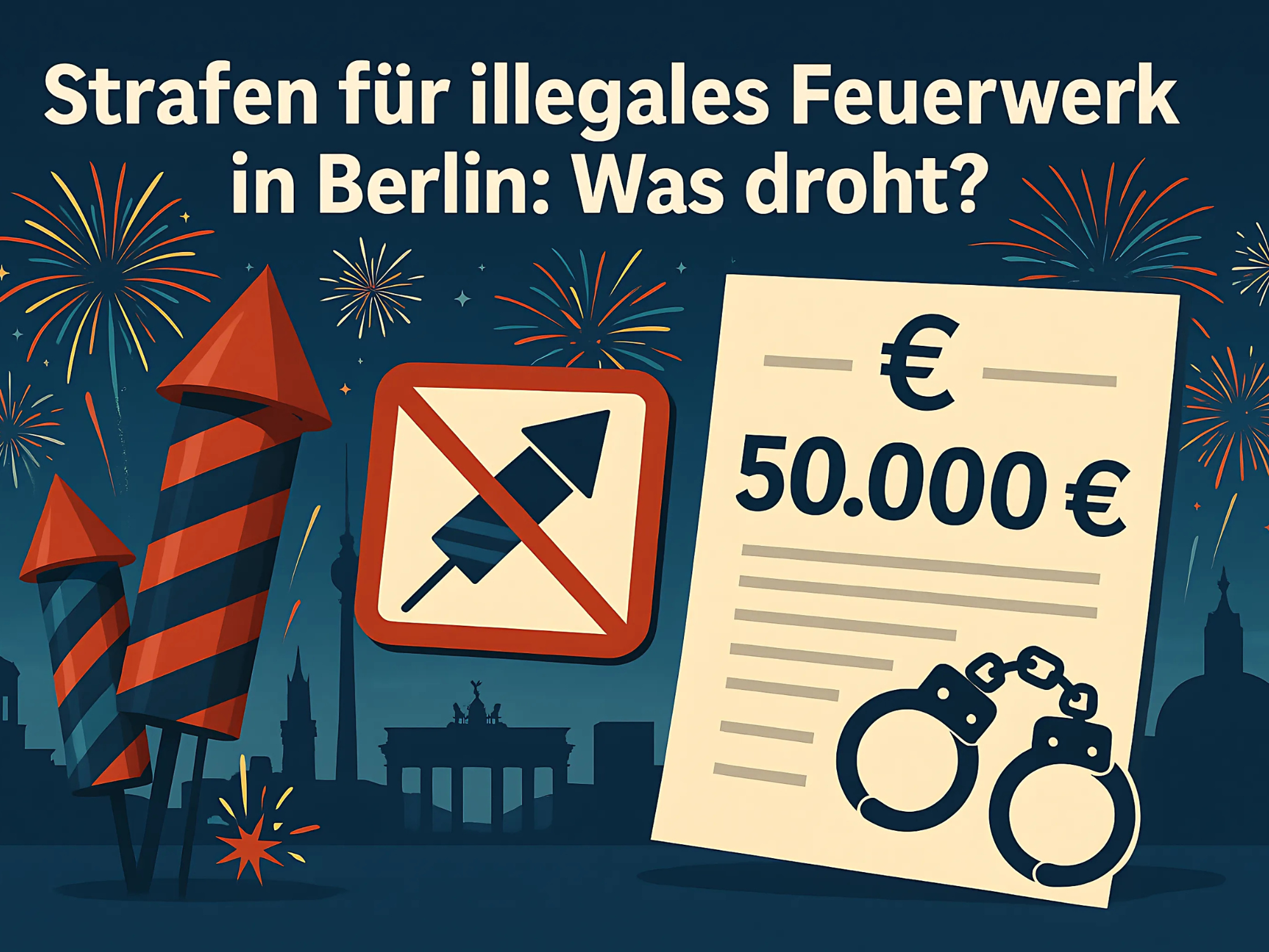 Bild mit Aufschrift, Strafe für illegales Feuerwerk in Berlin